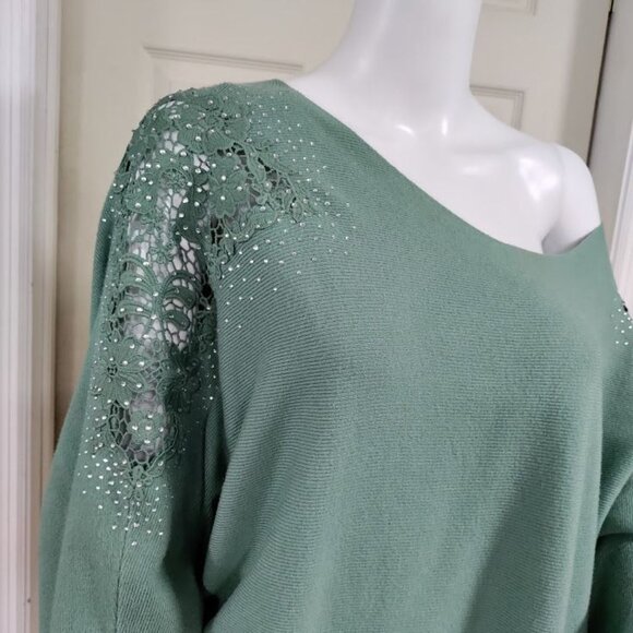 NWT LIV Milano Embroidered Studded Fairy Lagenlook Artsey Sweater Sage Green 3X - Picture 5 of 10
